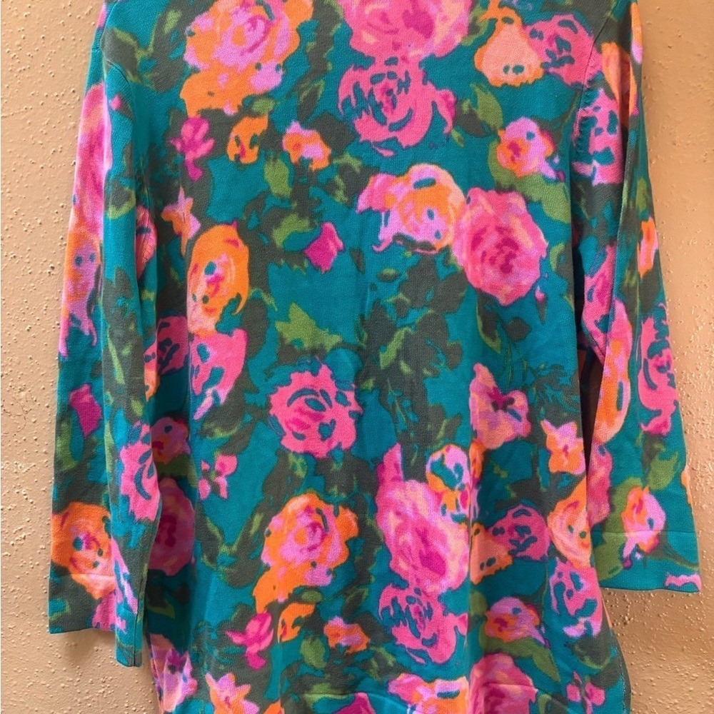 Isaac Mizrahi Live Womens Floral Cardigan Teal Pink Orange Button Front Large - Picture 5 of 5